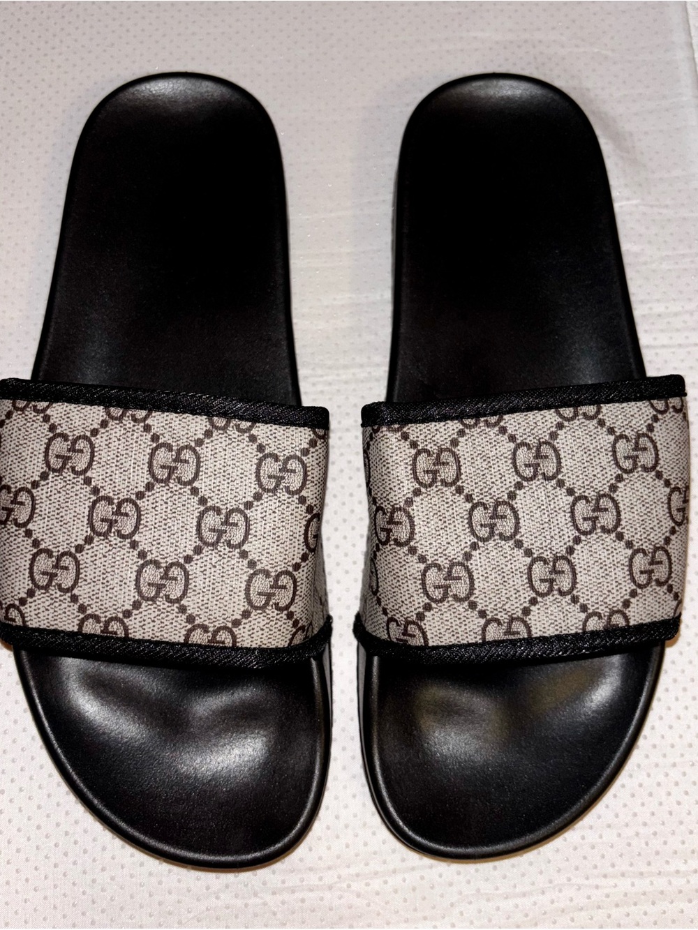 Beige and Black GG Canvas Slide Sandals